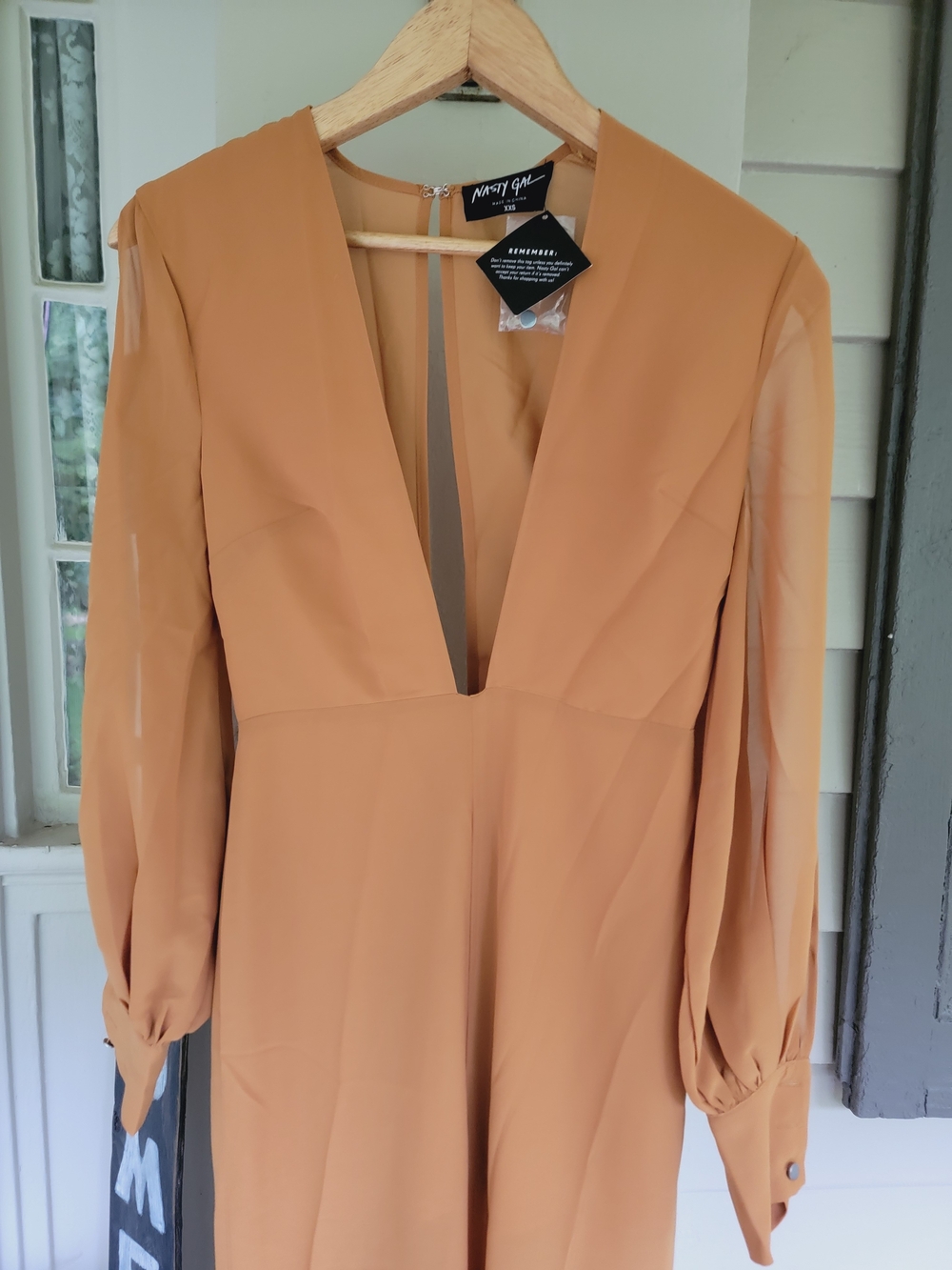 Nasty Gal Split Decision Plunging Mustard Color Poly Crepe Jumpsuit Open Sleeve - Picture 6 of 16
